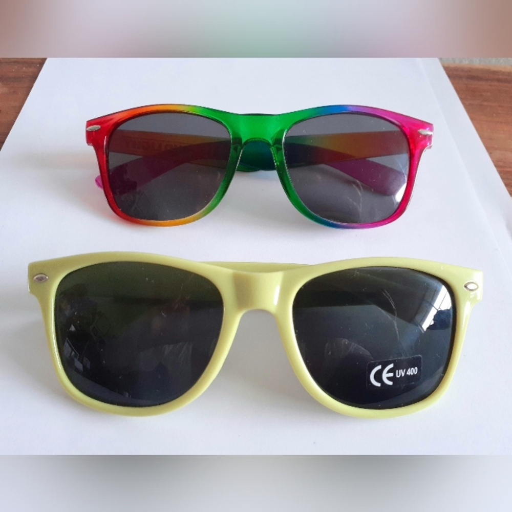 2 for 1 boozy swag rainbow and lime green sunglasses. Happy Pride!